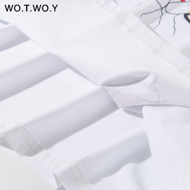 WOTWOY Summer Cute Printed T-shirt Women Knitted Cotton White Tops Tee Shirt Women Casual Short Sleeve Harajuku Tshirts Female 210306