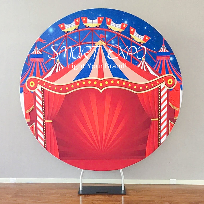 Retail Supplies Birthday Party Backdrop Event Decoration Wall Display with Circle Fabric Graphic Steel Base and Portable Carry Bag