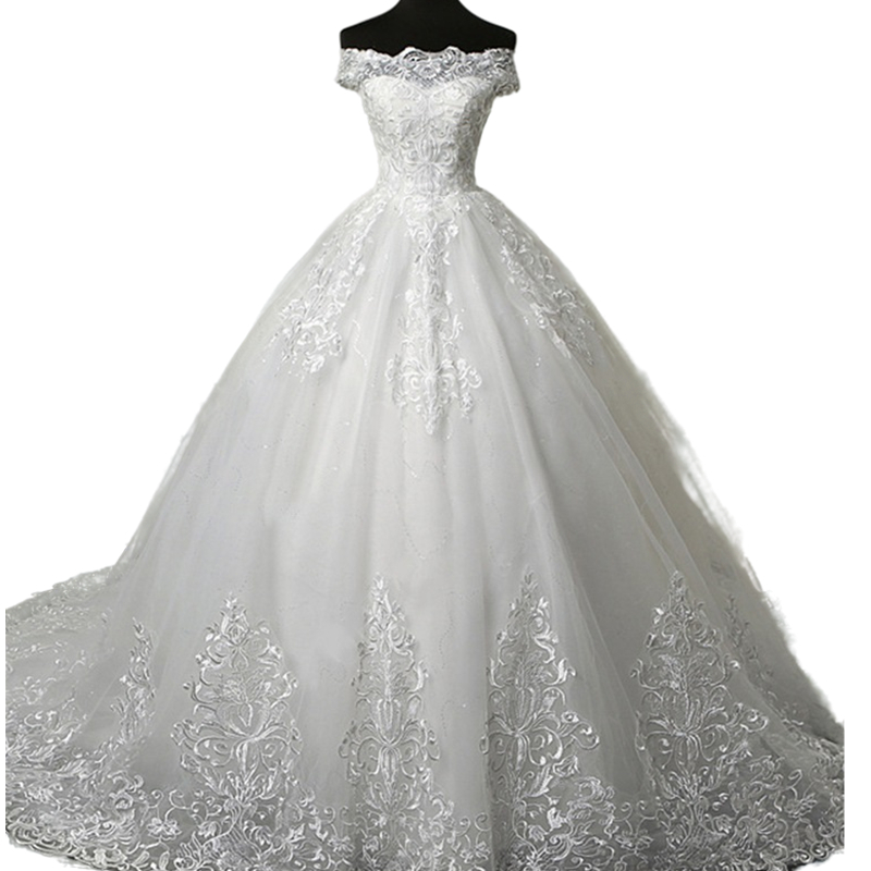 Elegant Bateau Neck Ivory Ball Gown Wedding Dresses Pattern Lace Appliques Off The Shoulder Long Train Tulle Wedding Gowns Western Country Chapel Brid