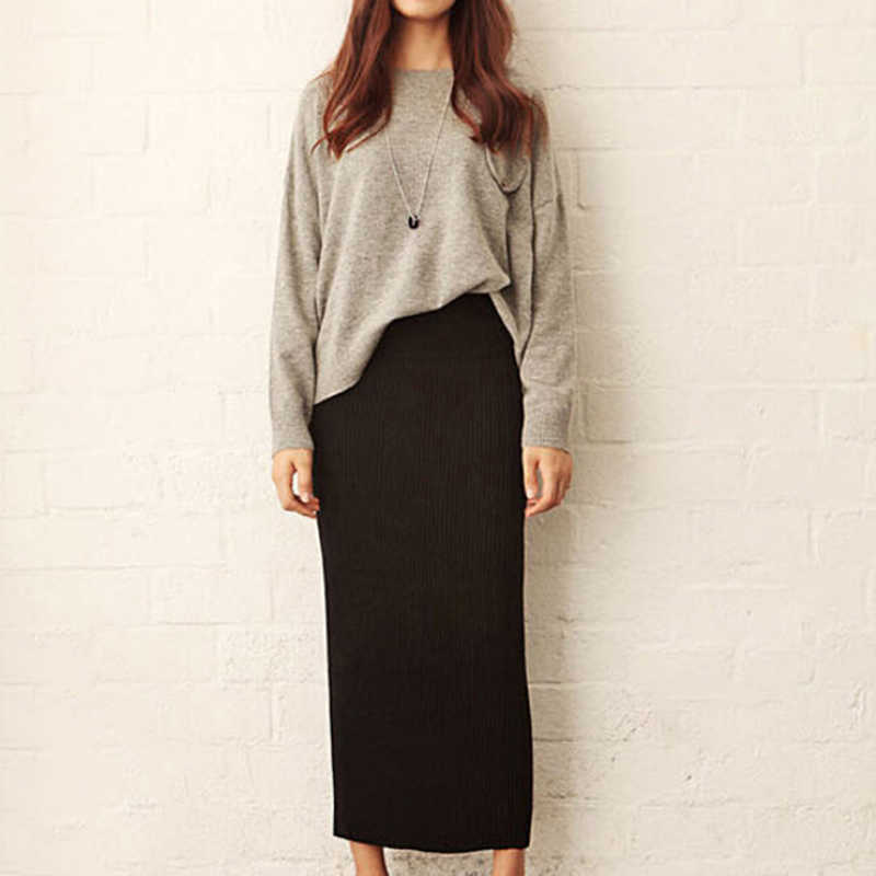 Women Autumn Knitted Long Skirt Sexy High Waist Pencil Skirts Package Hip Elastic Split Maxi Faldas Mujer 210619