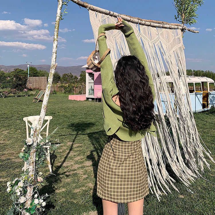 Dress Only] Spring Korean foreign style versatile avocado fruit green retro plaid dress short women 210623