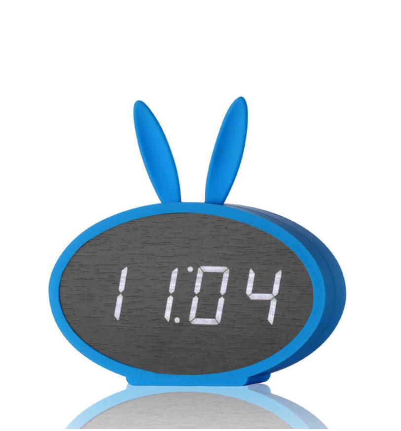 Cartoon Bunny Ears LED Wooden Digital Alarm Clock Voice Control Thermometer Display Blue