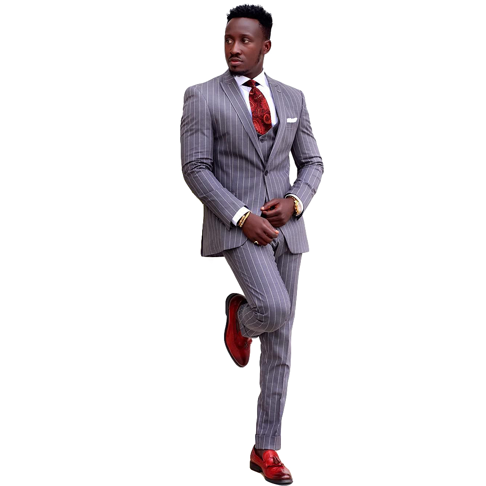 Three-Pieces Business Casual Single Breasted Men tuxedo Suits Vertical Stripes Slim Fit Wedding Banquet Suit