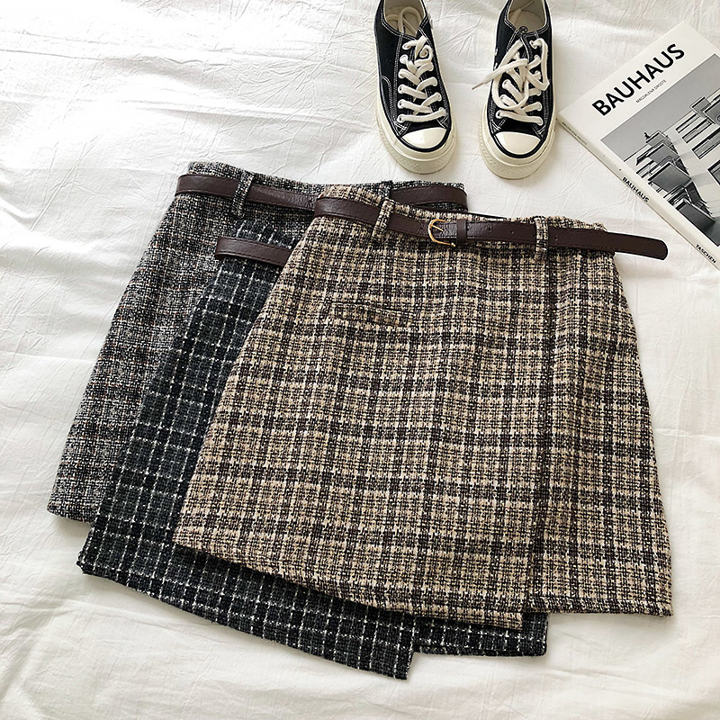 Korean Irregular Lady Skirt Female Autumn Sweet High Waist Aline Mini Skirt Vintage Casual Women Plaid Skirt Chic Sashes 210306