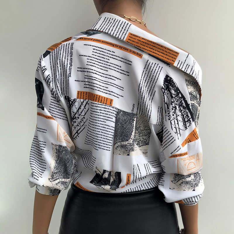 2021 Spring Women Turn Down Collar Newspaper Print Long Lantern Sleeve Button White Retro Casual Shirt Formal Office Wear Blouse Q