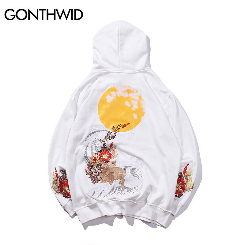GONTHWID Embroidery Animal Flowers Rabbits Print Hooded Sweatshirts Harajuku Fashion Pullover Hoodies Hip Hop Casual Streetwear 201103