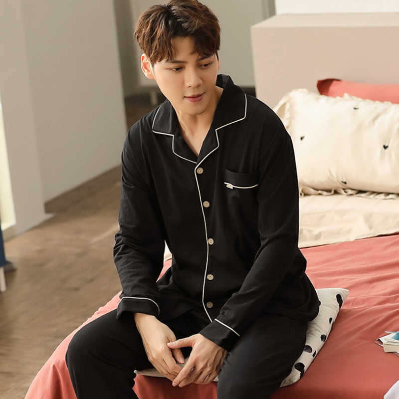 Autumn Fashion Cotton Turn-down Collar Men Sleepwear Long Sleeve Leisure Solid Cartoon Print Warm Masculino Pajamas Set 211014