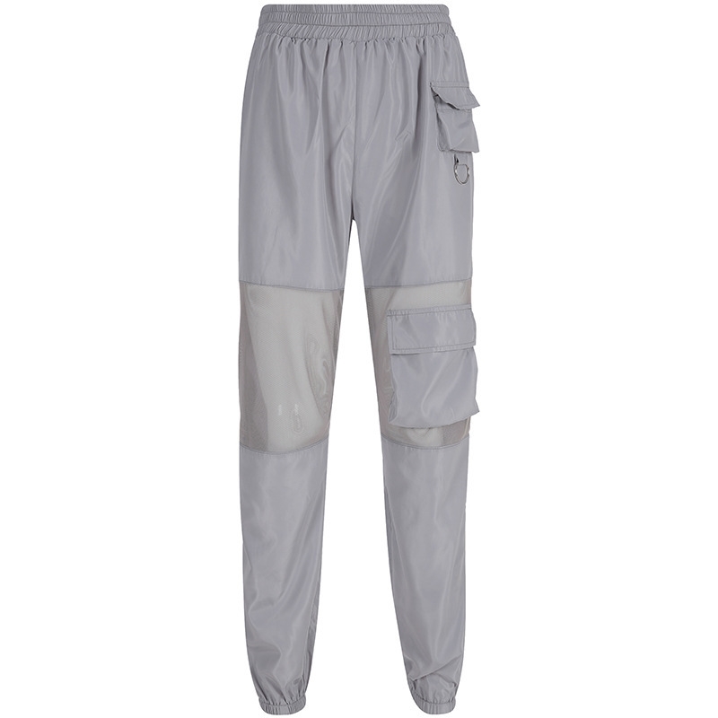 BKLD Women High Waisted Pants Mesh Patchwork Gray Streetwear Cargo Pants Women Loose Hip Hop Trousers Women Summer New T200606