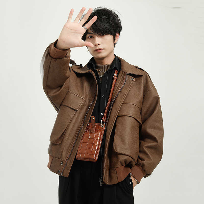 IEFB Men's Autumn Winter Locomotive Leather Waterproof Motorcycle Jacket Black Short Style Zip Up Jackets Lapel 9Y8566 211018