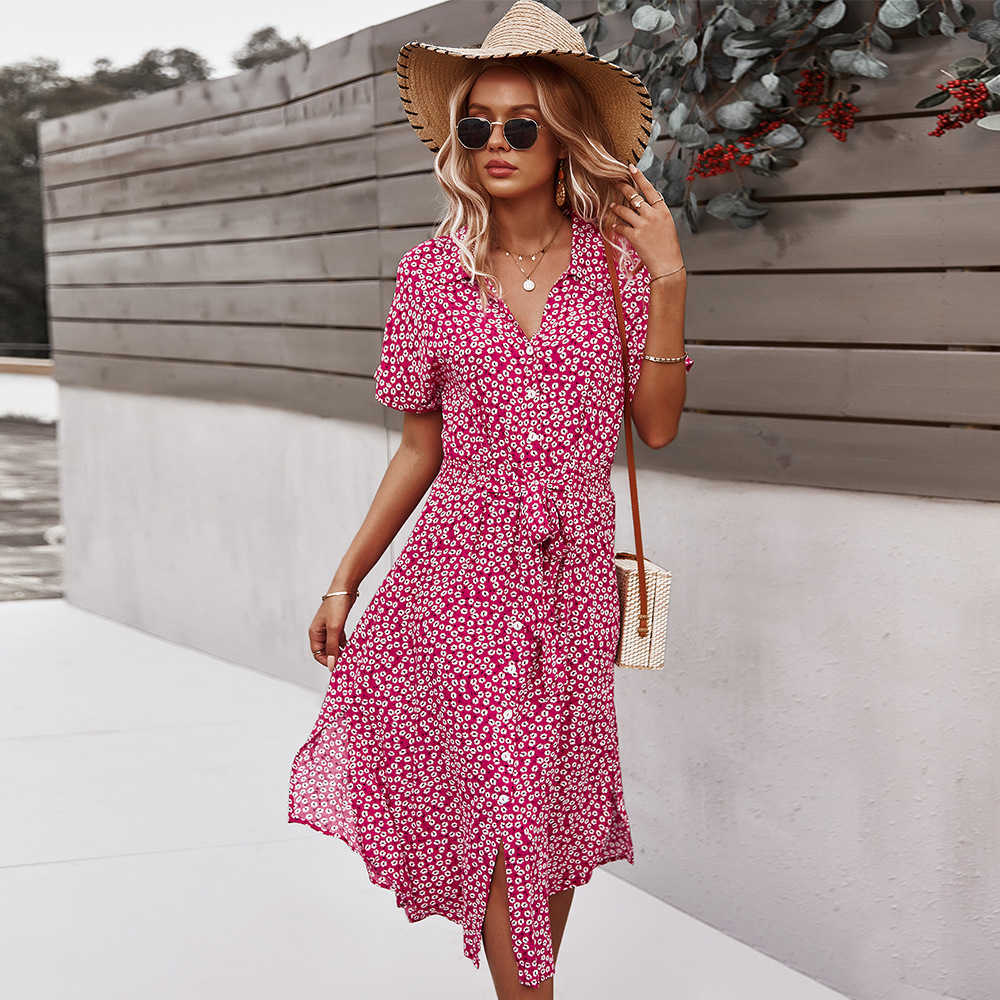 Ladies Vintage Maxi Floral Print Summer Dress Women Casual High Waist Button Bohemian Bandage Women Beach Dress Female Vestidos 210630