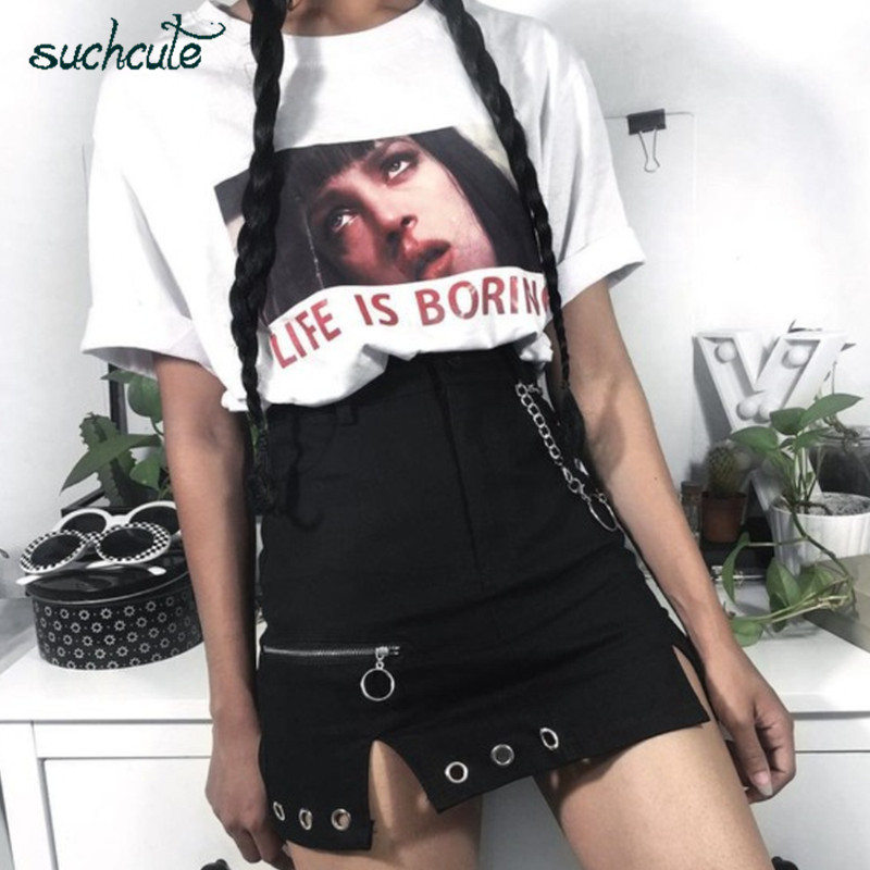 SUCHCUTE zipper up women skirts metal chain Modis gothic mini skirt A-line black spring streetwear female party outfits 210306