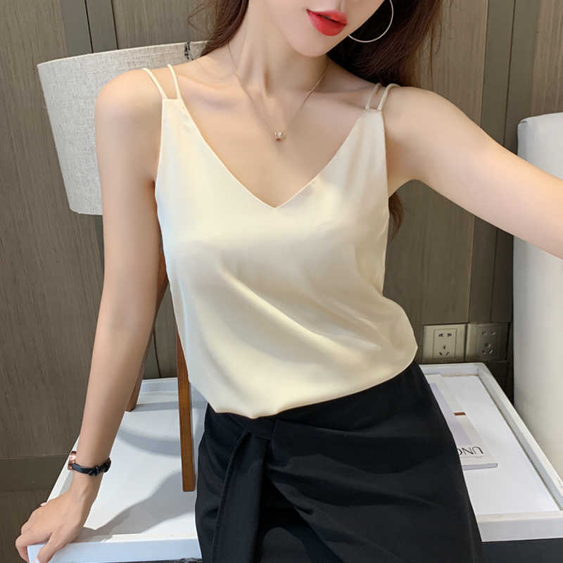 Women Fashion Silk Camis Women Satin Tops Woman Sleeveless Tank Tops Woman Satin V-neck Vest Plus Size Female Top White Clothing 210625