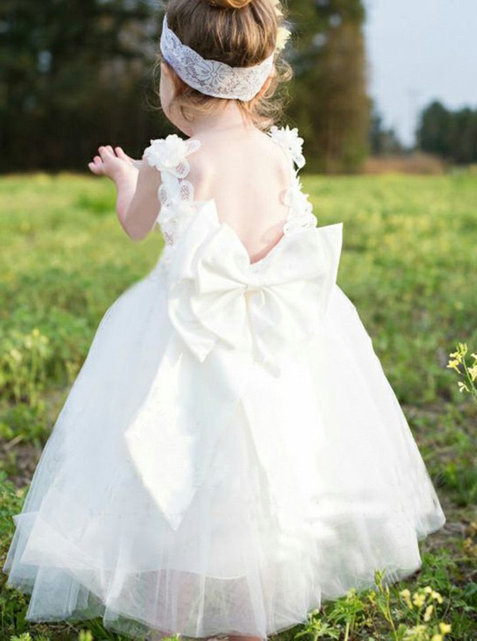 White 3D Flower Lace Girls Dresses For Wedding Bow V Neck Spaghetti Ankle Length A Line Birthday Party Communion Dress