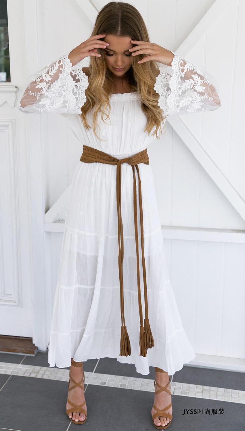 TEELYNN long boho dress white cotton rayon sexy off the shoulder beach sundress long sleeve splice lace women dresses vestido 210309