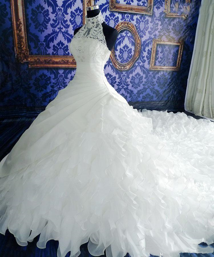 Vintage Ball Gown Wedding Dresses Cathedral Train Lace Halter High Neck Backless Beaded Pearls Ruffle Organza Skirt Bridal Gowns