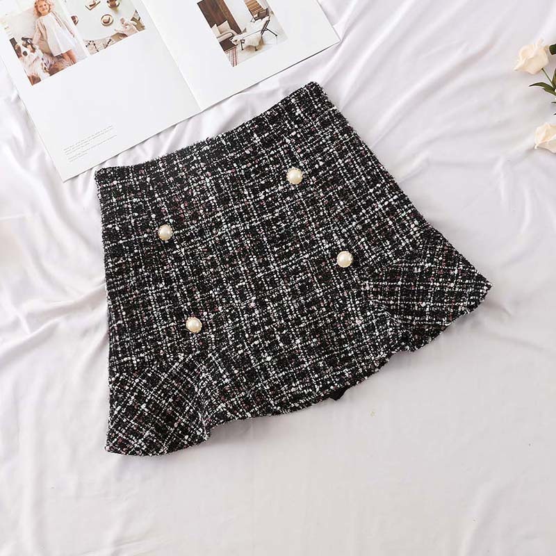 Autumn Korean Skirt Women Hight Waist Solid Mini Skirt Elegant Ladies Button Lotus Leaf Woollen Wrap Skirts Femininas 210306