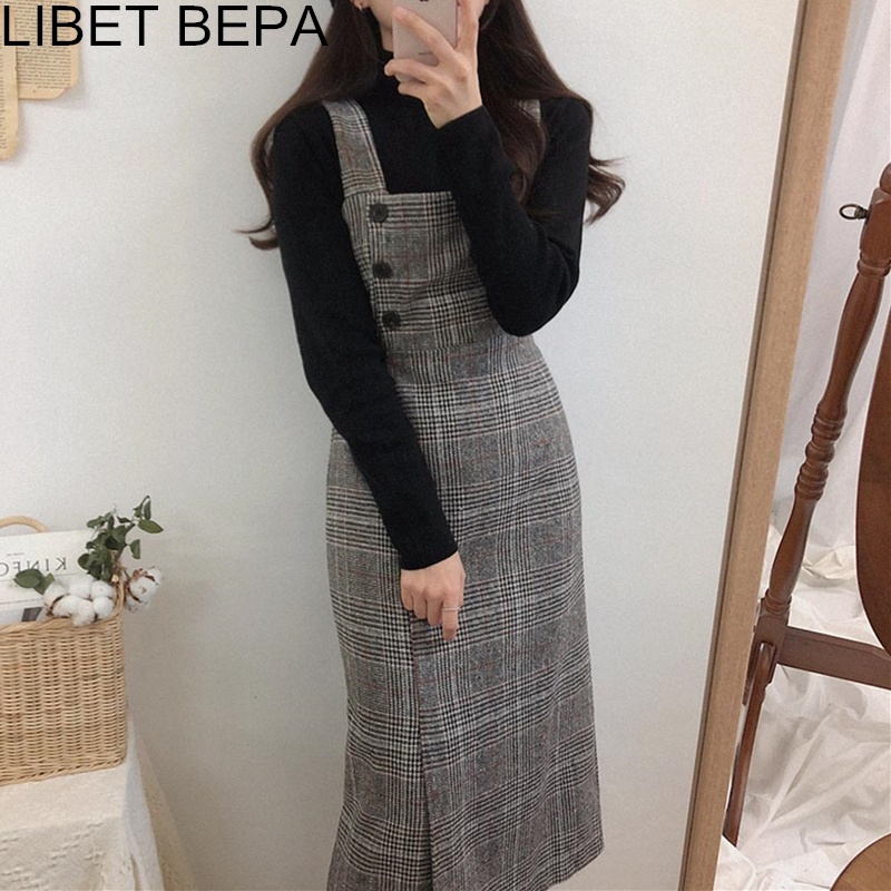 2021 New Spring Autumn Women Dress High Waist Plaid Vest Woolen Sleeveless Vintage Buttons Lace Up Bow Slit Casual Dress DR220 210303
