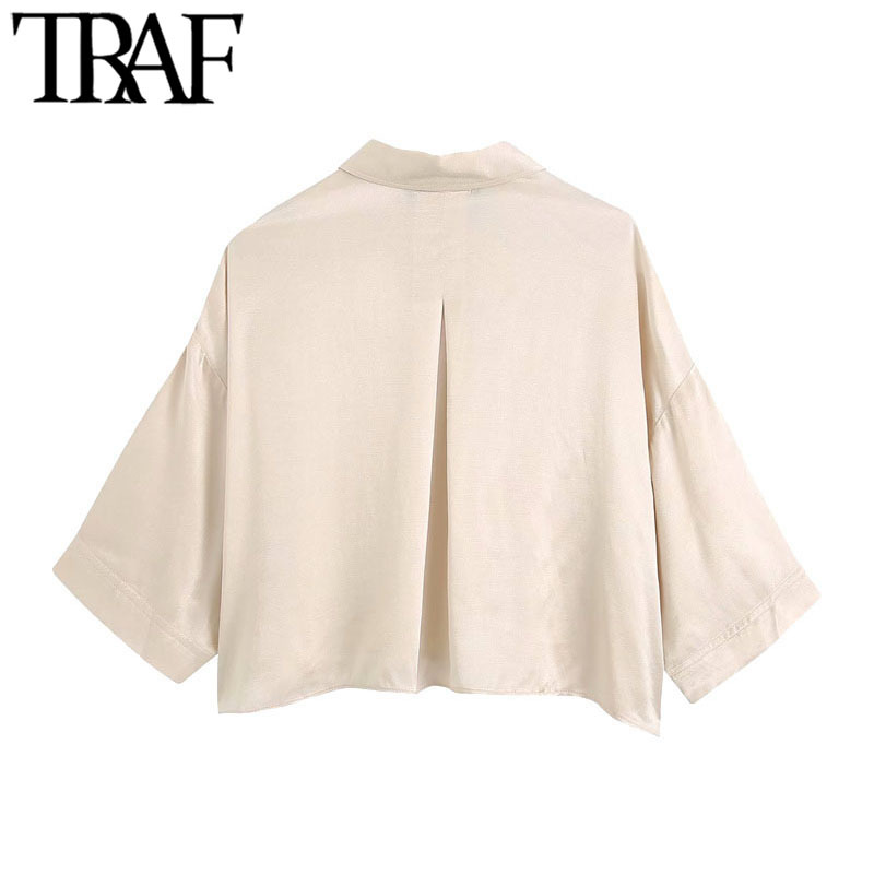 TRAF Women Fashion Button-up Loose Cropped Blouses Vintage Short Sleeve Cozy Female Shirts Blusas Chic Tops 210225