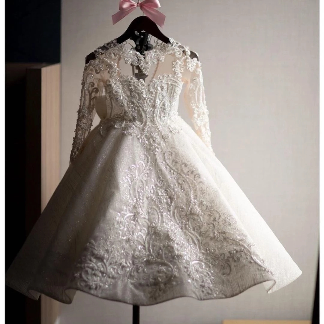 Stock Flower Girl Dress Long Train With Bow Lace Appqulies Ball Gown Princess Holy First Communion Wears Mc2221