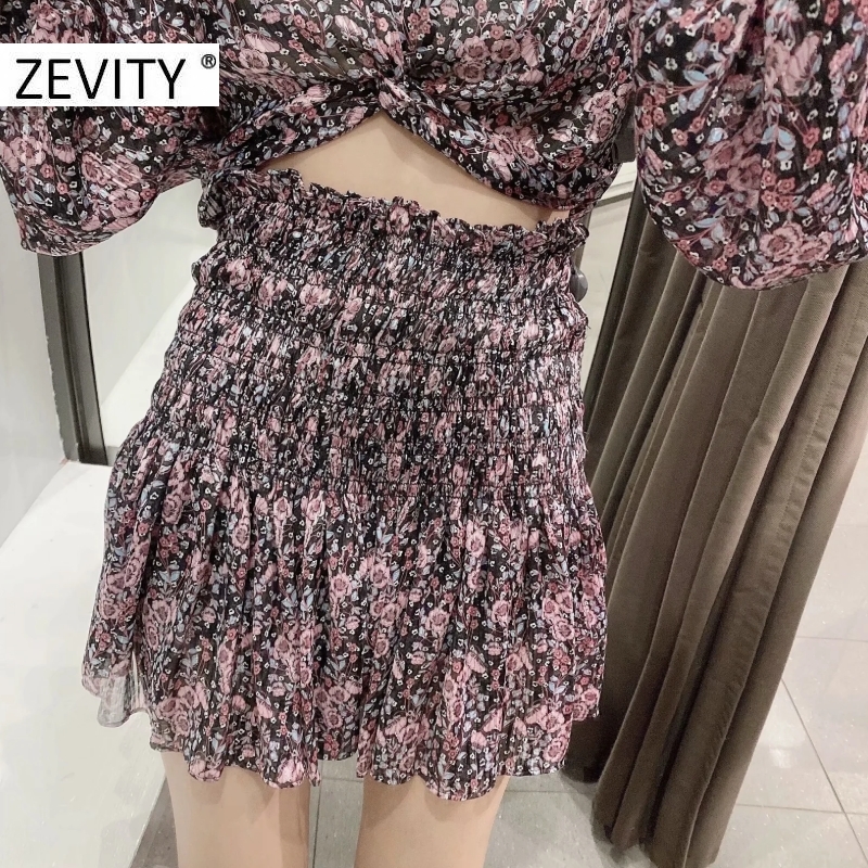 ZEVITY Women vintage tropical flower print pleated mini skirt faldas mujer ladies casual slim ruffles chiffon skirts QUN671 210306