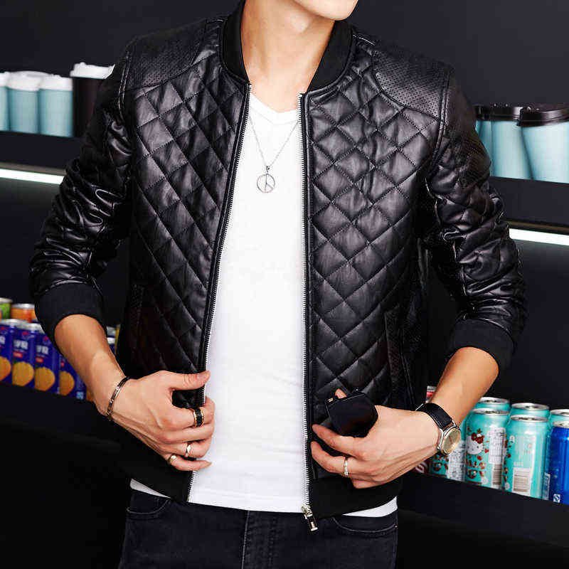 leather jacket men biker autumn and winter casual fashion quilted embroidered plaid baseball collar washed pu leather jacket 211119