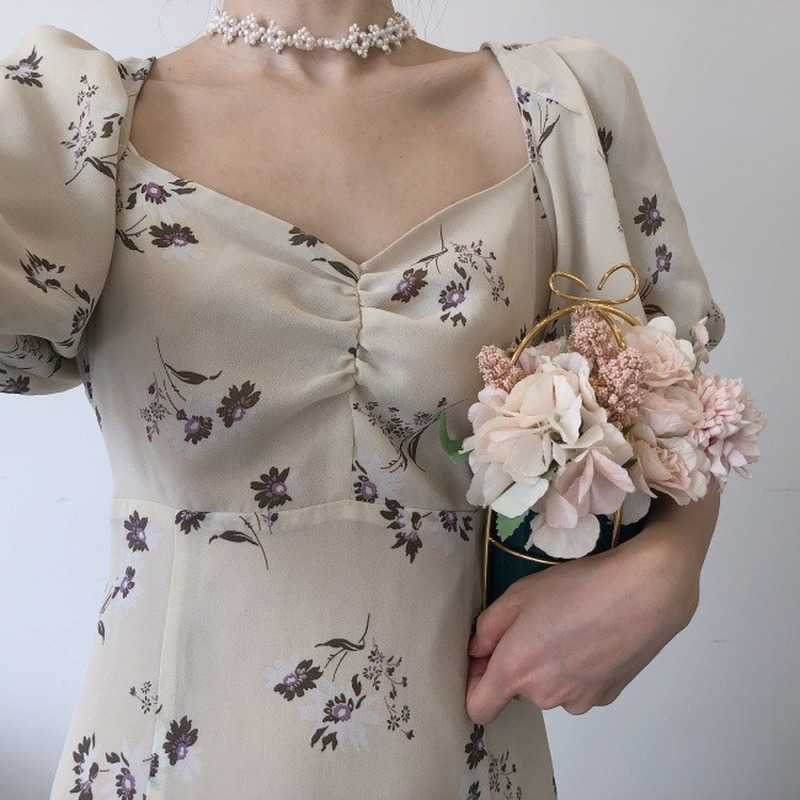 Sweet Puff Short Sleeve Dresses for Women Temperament Square Collar Print Woman Dress Summer Elegant Vestidos De Mujer 210525