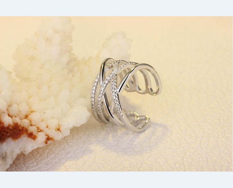 Silver Ring With Side Stones Micro Pave Zircon Multilayer Line White Gold Plate Simple Open Mouth Cuff Rings for Women Fingers