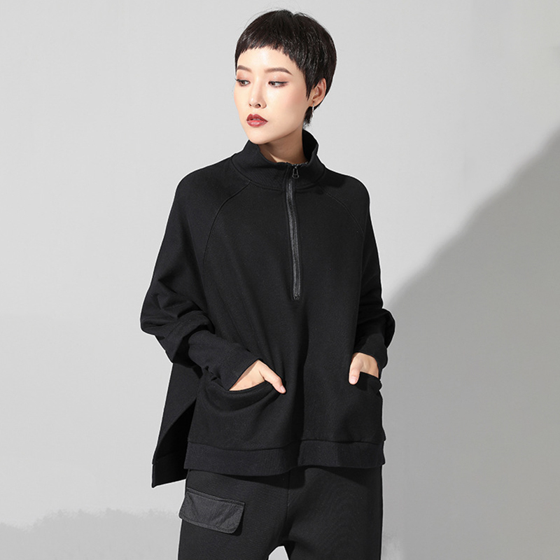 [EAM] New Spring Autumn Stand Collar Long Sleeve Black Zipper Split Joint Big Size Sweatshirt Women Fashion Tide LJ201130
