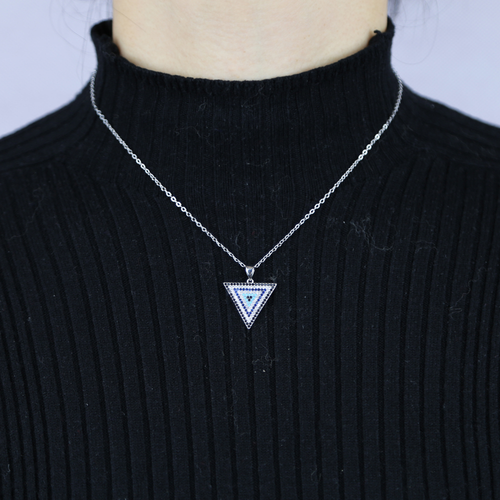 Promotion Fashion Women Jewelry Geometric Triangle Pendant Full Colorful CZ Paved Necklace 3 Colors