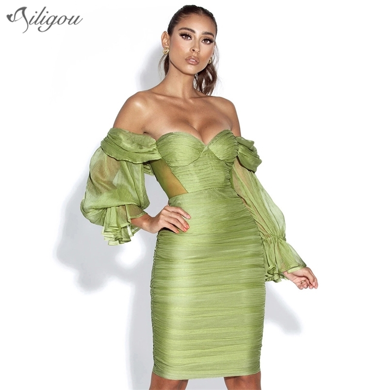 Summer Women's Green Sexy Strapless Mesh Lantern Sleeve Fashion Tight Club Party Draping Mini Dress Vestidos 210525, Army green
Summer Women's Green Sexy Strapless Mesh Lantern Sleeve Fashion Tight Club Party Draping Mini Dress Vestidos 210525, Army green