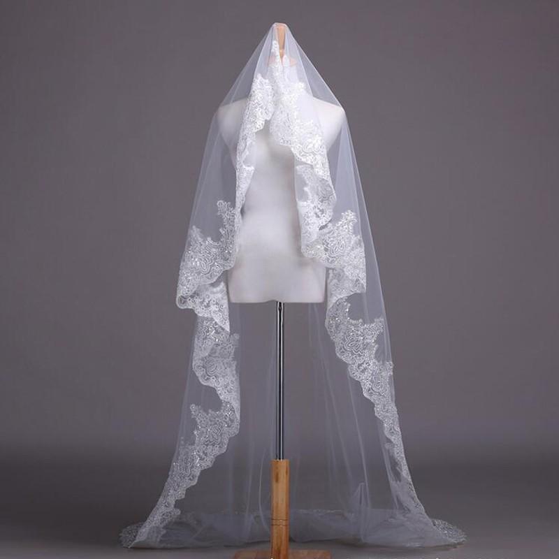 Bridal Veils Real Pos White/Ivory Cathedral Wedding Veil 3M With Comb Lace Beads Mantilla Accessories Veu De Noiva