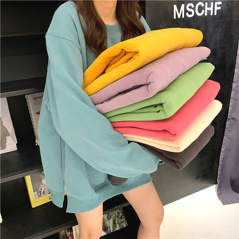 Hoodies Women Plus Velvet Warm All-match Solid Oversize Ulzzang Korean Style Womens O-Neck Students Harajuku Hoodie Streetwear T200730