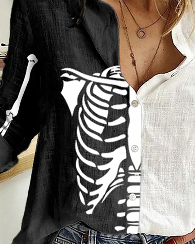 Women Casual Autumn Turn-down Collar Buttoned Skeleton Blouse Halloween Figure Print Colorblock Shirt 210225