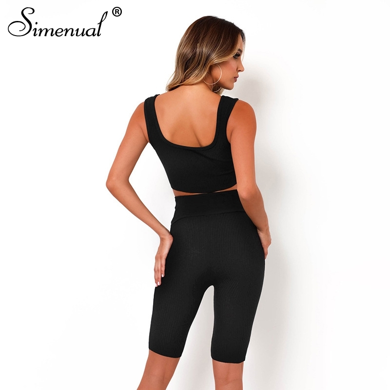 Simenual Bodycon Solid Ribbed Matching Sets Women Sleeveless Active Wear Sporty Two Piece Outfits Crop Top And Biker Shorts Set T200607