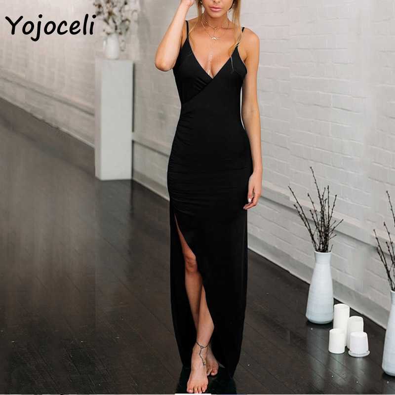 Yojoceli sexy v neck long party dres slip split club slim bodycon female vestidos winter birthday 210609