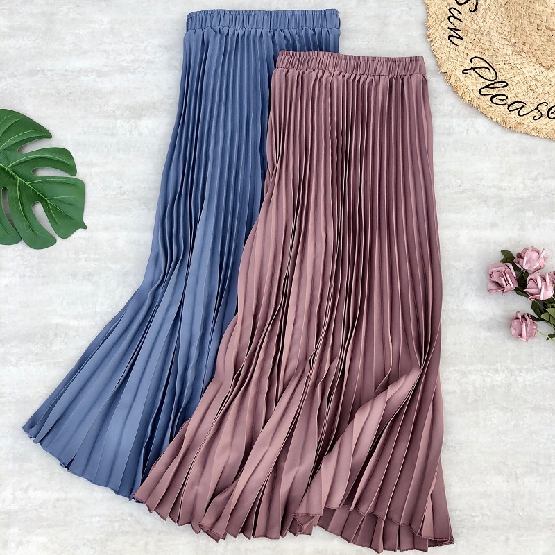 Spring Summer Women Midi Skirts Chiffon Pleated High Waist Long Skirts Stretched Daily Casual Style Women's Skirt Jupe Femme 210309