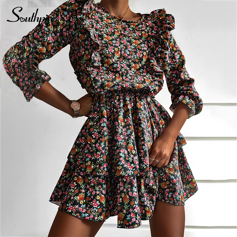 Southpire O-Neck A-Line Black Flower Print Vintage Dress Women Long Sleeve Ruffle Mini Party Dress Casual Daily Clothes Fashion 210303