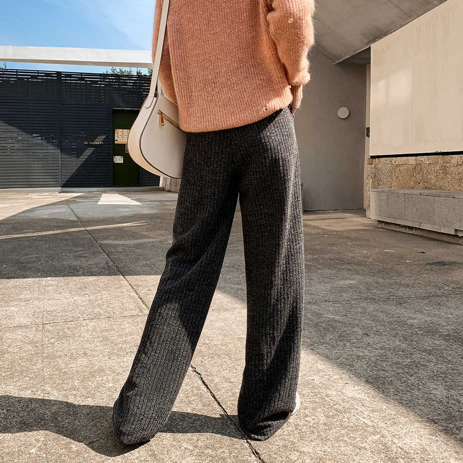 Thicken Sweater Pants Women Fall Winter Wide Leg Pant Loose Straight Large Size High Waist Casual Trousers Lace-up Elastic 210601