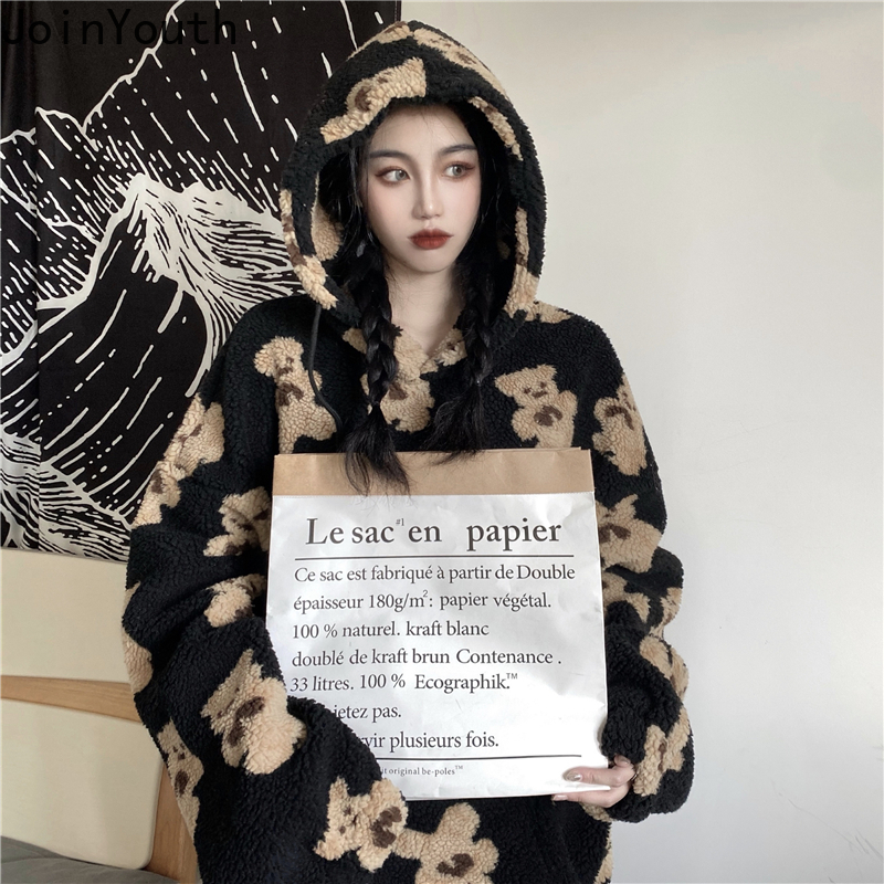 Joinyouth Sweatshirt Fall Winter Clothes Women Korean Hooded Cartoon Bear Thicked Outwear Lamb Wool Loose Casual Hoodies Coat 201202
