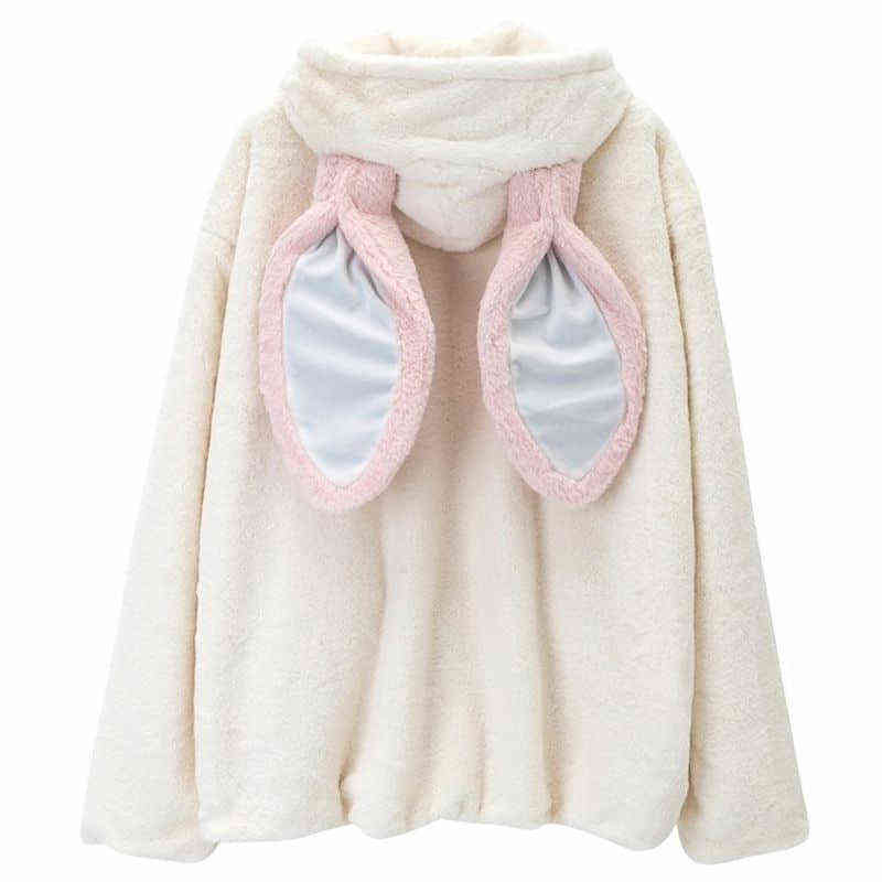 Women Faux Fur Jacket female tops Thick Mid-length Cute Hooded Winter Rabbit Ears Faux Rex Rabbit Plush Fur Coat Soft Girl 211123
