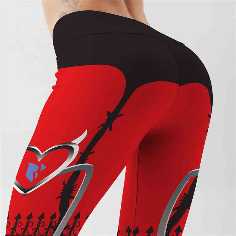 Sexy Heart Print Leggings Women Red Black Patchwork Sporting Pants Fashion Printed Women's Fitness 211204