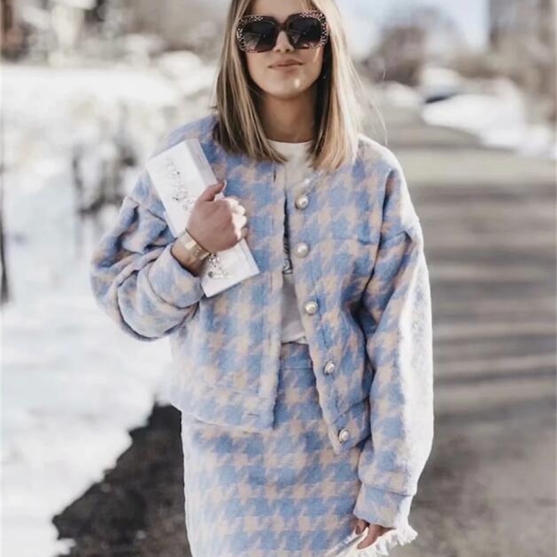 Women Pearl Button Check Gingham Plaid Blazer High Waist A line Mini Short Skirts Long Sleeve Suits 2 Pieces Set
