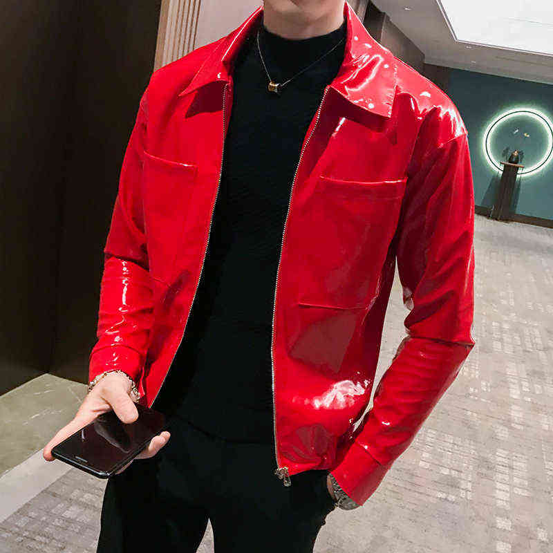 Shiny Leather Jacket Men's Stage Costume Red Black Brown Nightclub Club Men's Leather Jacket Solid Color Slim Men's Jacket Coats 211111