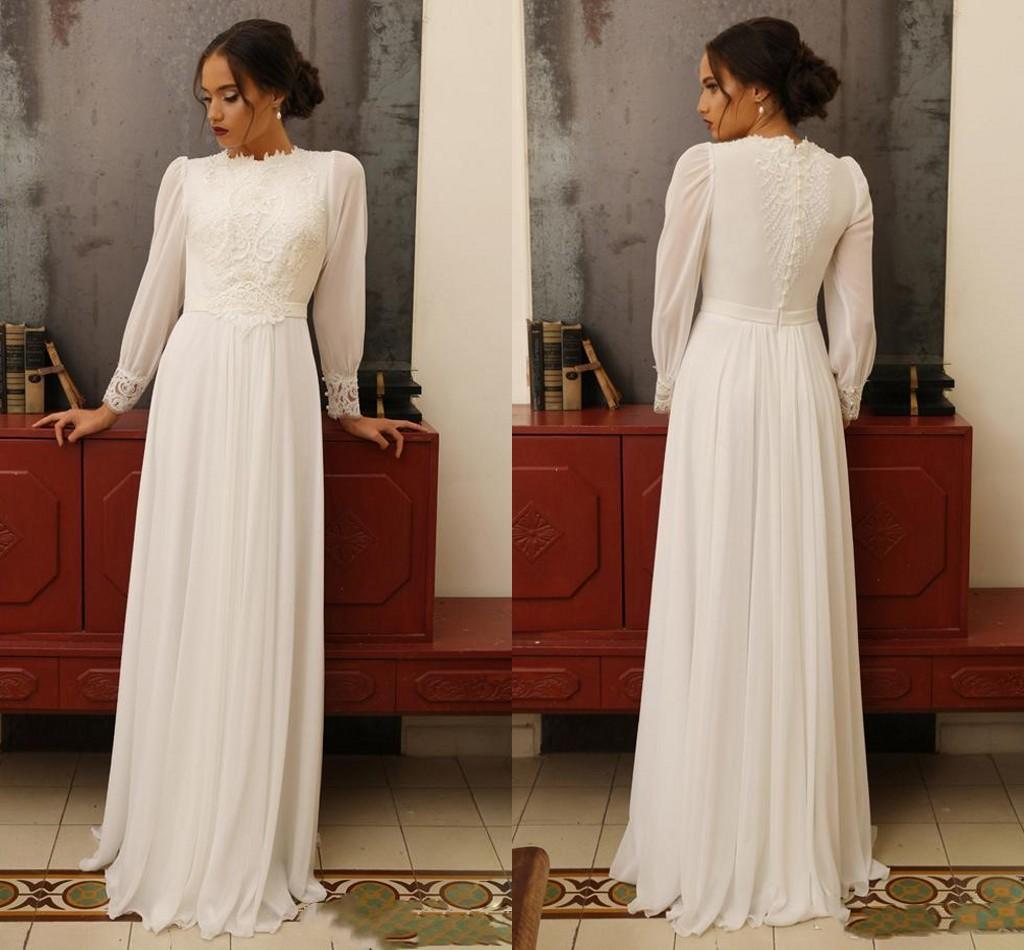 Vintage Chiffon A-Line Wedding Dresses Puffy Long Sleeves High Neck Appliques Lace Floor Length Bridal Gowns Formal Dress Custom Made Vestidos de noiv
