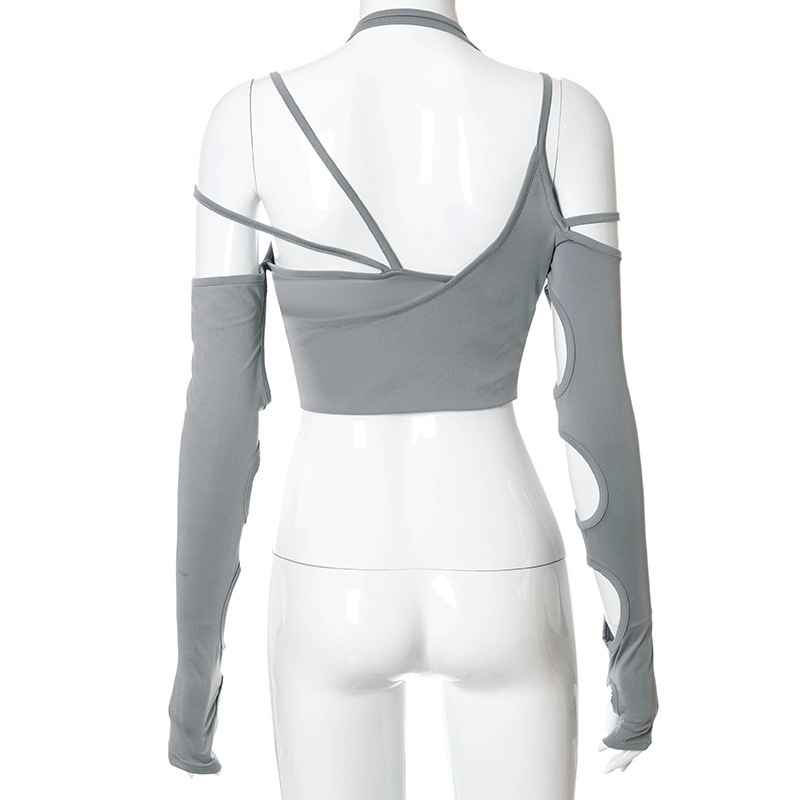T Shirt Women Y2k Punk Women's Halter Tops Gothic Grey Girl Patchwork Long Sleeve Crop Summer Sexy Cut Out Solid T-shirts 220314