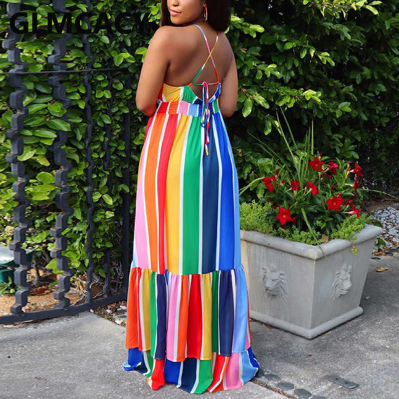 Rainbow Color Striped Printed Maxi Dress Spaghetti Strap V Neck Dresses 210702