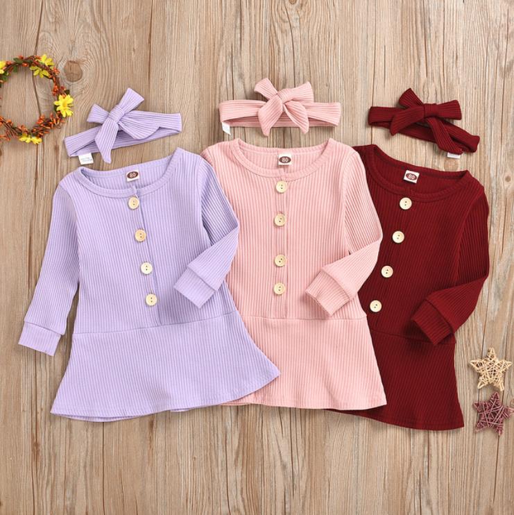 Toddler Girl Clothes Solid Baby Girls Dresses Headband 2pcs Sets Long Sleeve Children Dress Boutique Baby Clothing 3 Colors EW5978