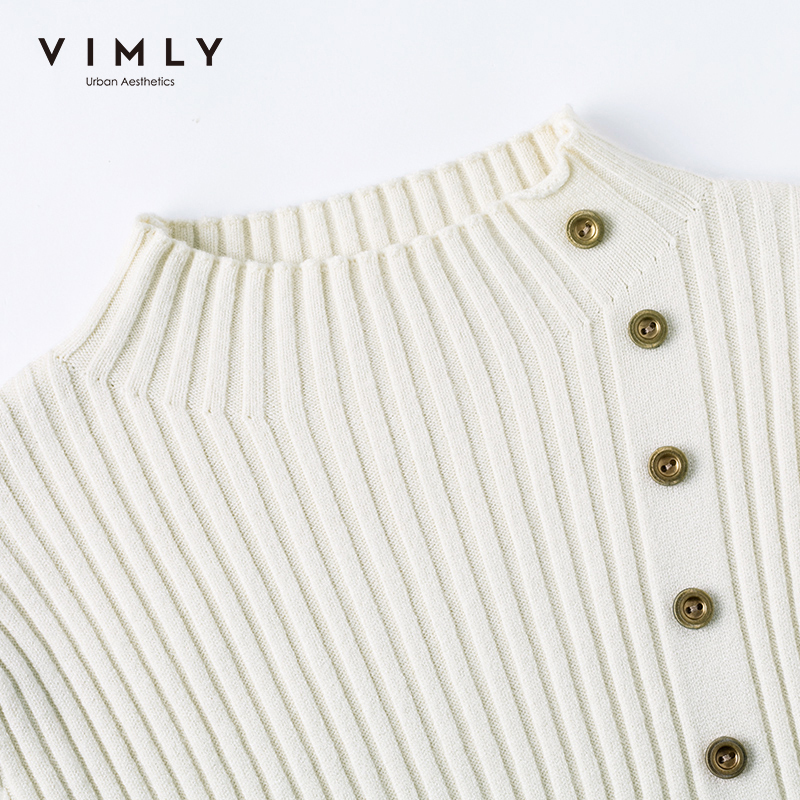 Vimly Spring Autumn Women Knitted Pullovers Tops Fashion Solid Stand Collar Buttons Slim OL Elegant Female Sweater 99157 201017