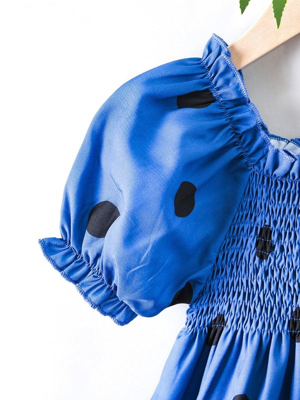 Toddler Girls Polka Dot Puff Sleeve Shirred Frilled Dress SHE