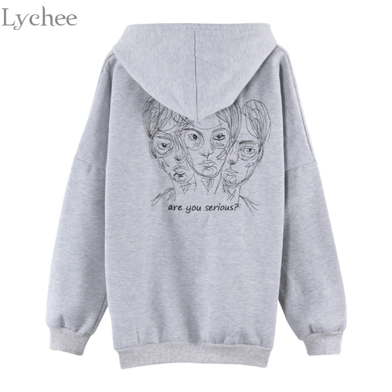 Lychee Harajuku Punk Autumn Winter Women Hooded Sweatshirt Head Embroidery Long Sleeve Casual Loose Fleece Hoodies Tracksuit 201030